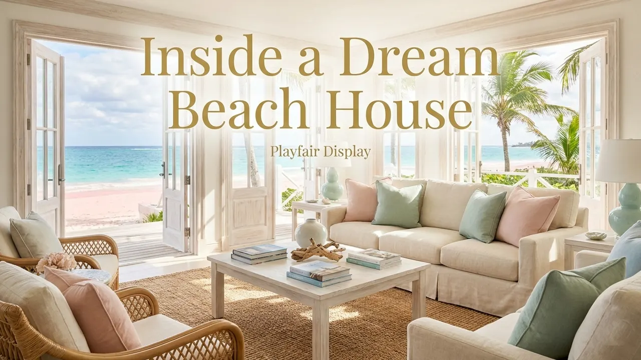 Alessandra Branca’s Harbour Island beach house showcasing a serene tropical interior with linen sofas, rattan furniture and ocean views