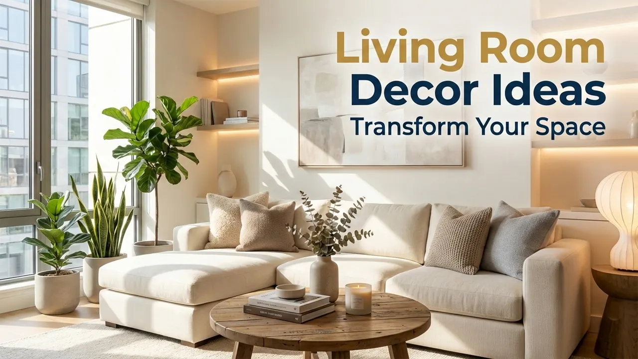 Modern living room decor ideas with stylish furniture, cozy lighting, indoor plants, and elegant interior design.