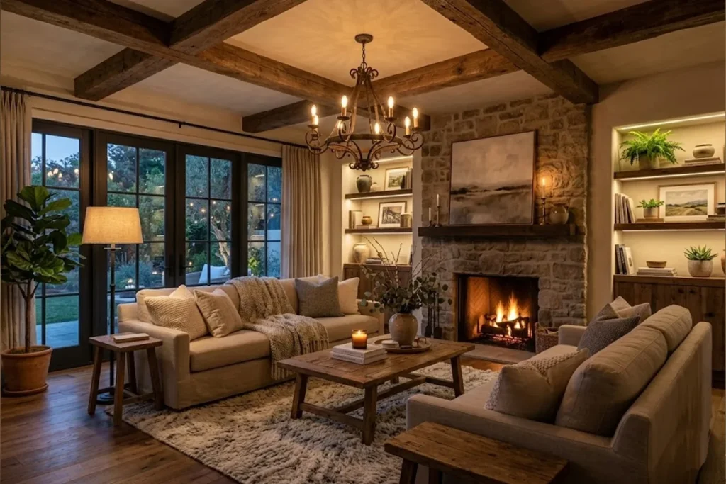 Modern rustic living room with dark wooden ceiling beams and wrought iron chandelier