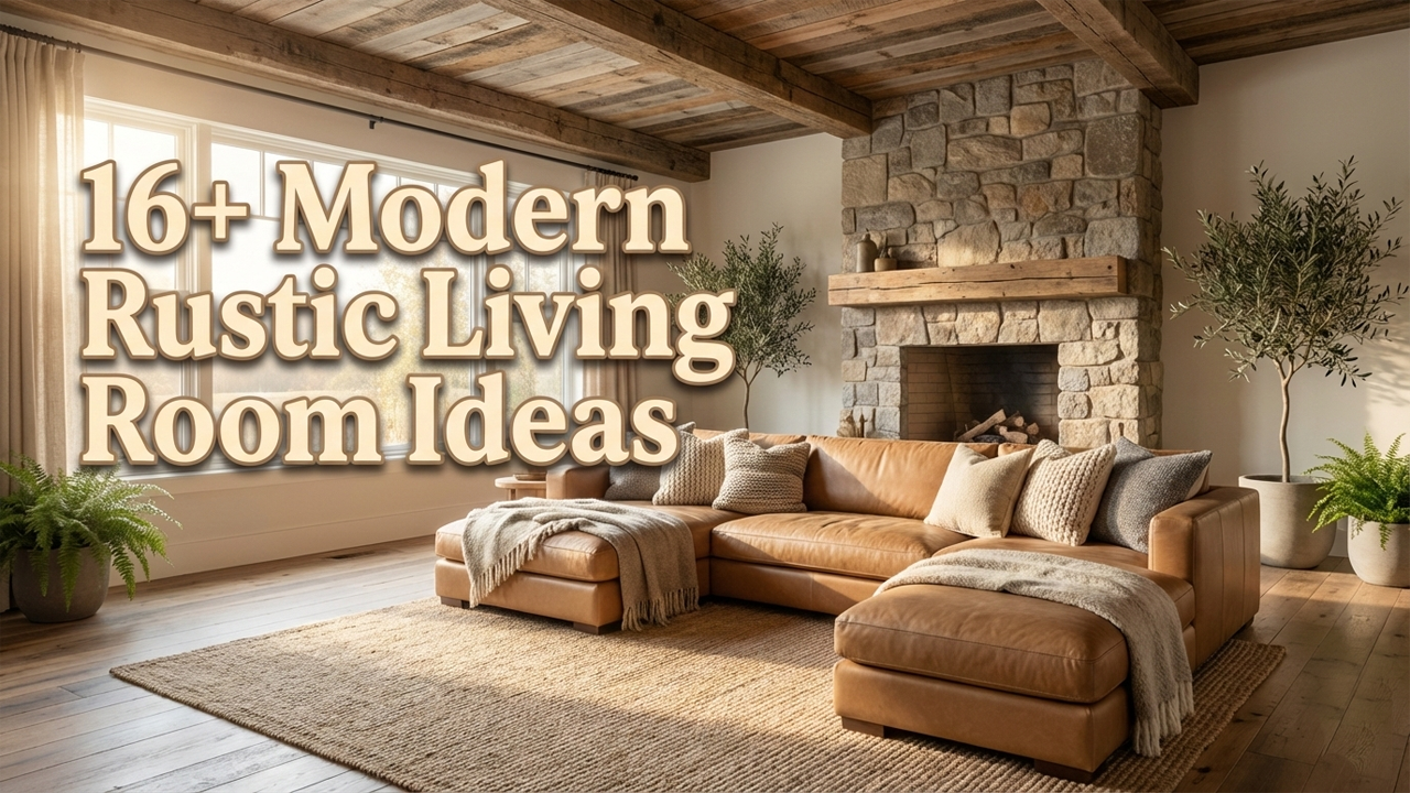 Modern Rustic Living Room Ideas featuring stone fireplace, wooden ceiling beams, tan leather sofa and neutral decor