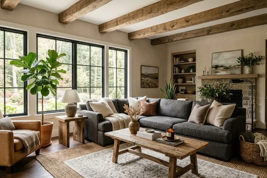 Modern rustic living room with neutral beige walls, grey sofa, reclaimed wood coffee table and exposed ceiling beams