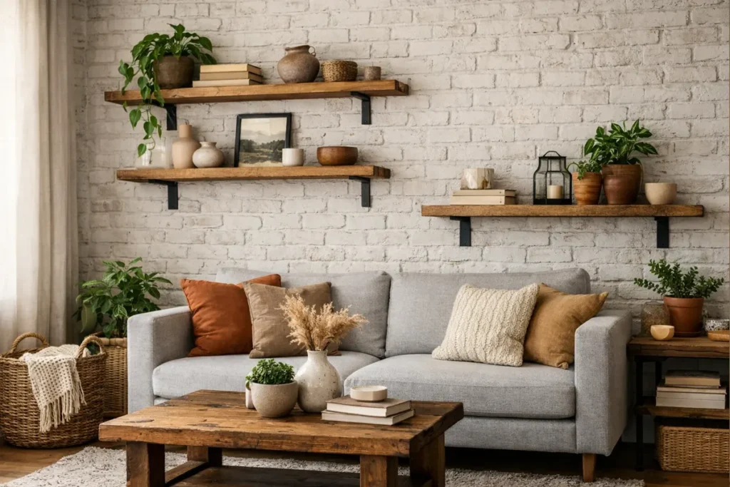 Modern rustic living room with whitewashed brick wall, floating wooden shelves and neutral sofa