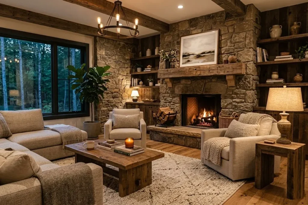 Modern rustic living room featuring natural stone fireplace with wooden mantel and warm lighting