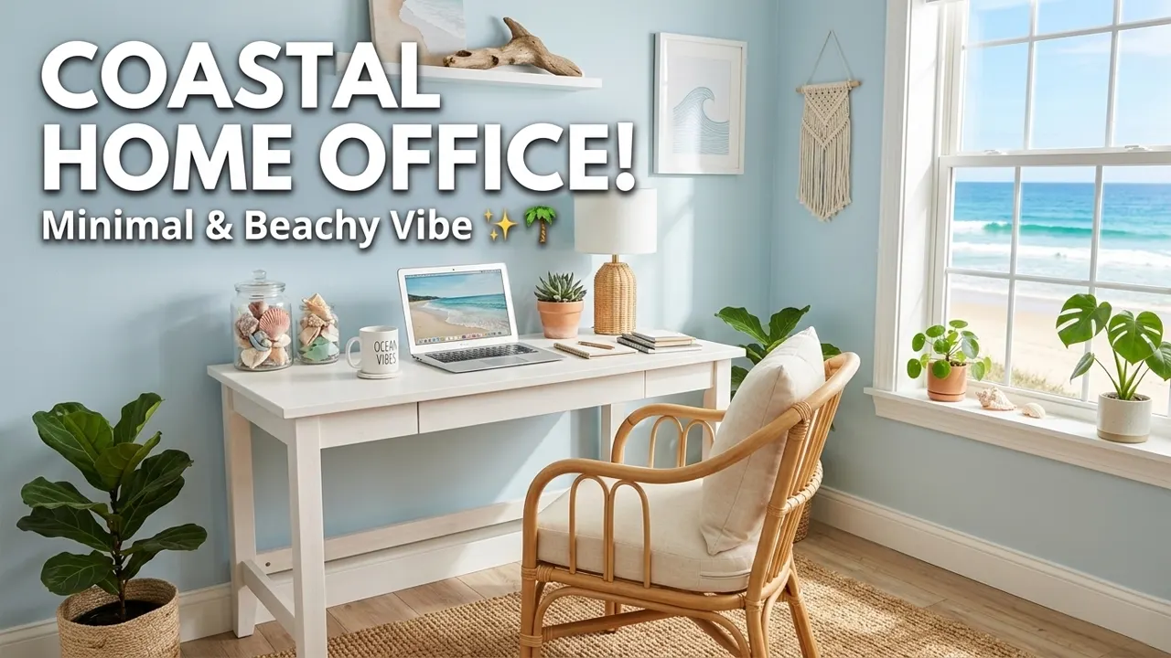 Modern Coastal Office Decor Ideas featuring a bright beach-inspired workspace with white desk, rattan chair, pastel blue accents, indoor plants and natural sunlight