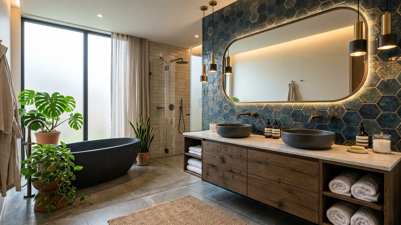 modern bathroom decor ideas with wooden accents, stylish tiles, luxury mirror and indoor plants, clean and organized bathroom design