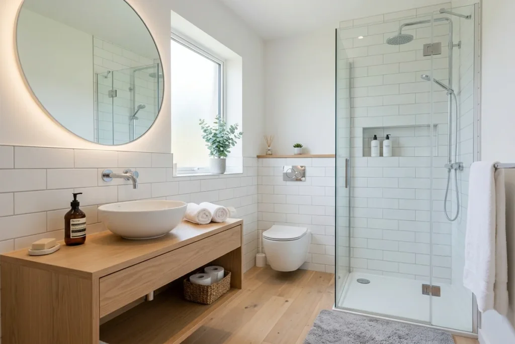 clean modern bathroom design with minimal decor and a hygienic , organized look