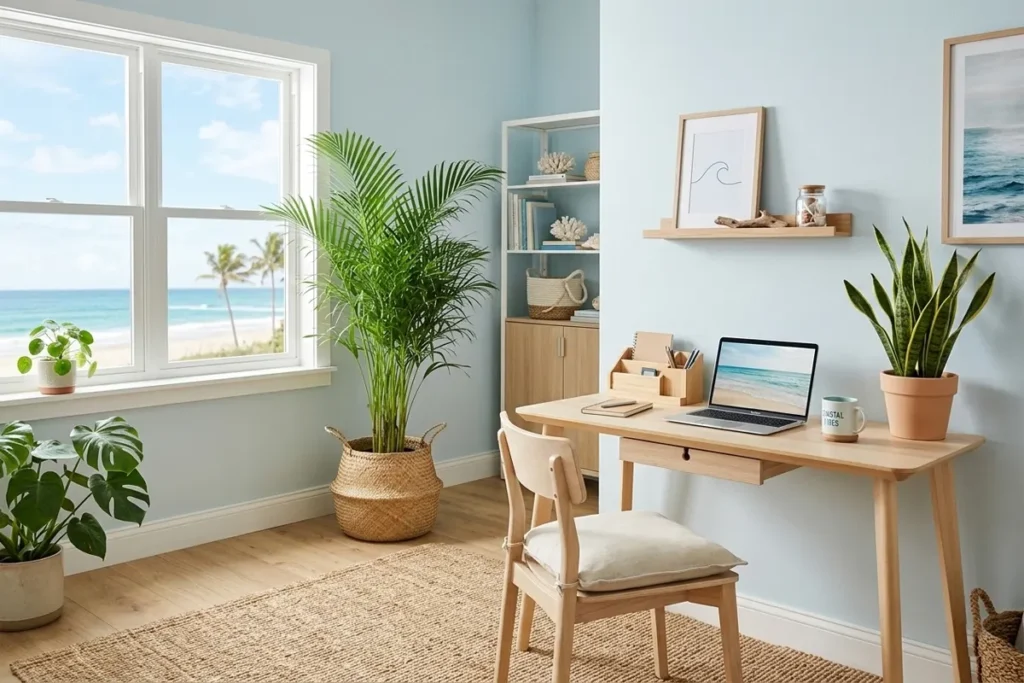 Modern coastal office decor ideas with indoor plants and natural coastal workspace design