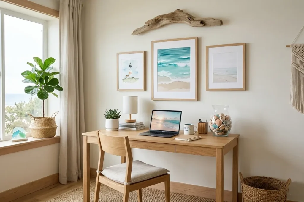 Modern coastal office decor ideas with ocean artwork and beach inspired accessories