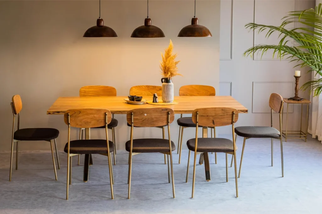 modern dining room decor with wooden table and pendant lighting