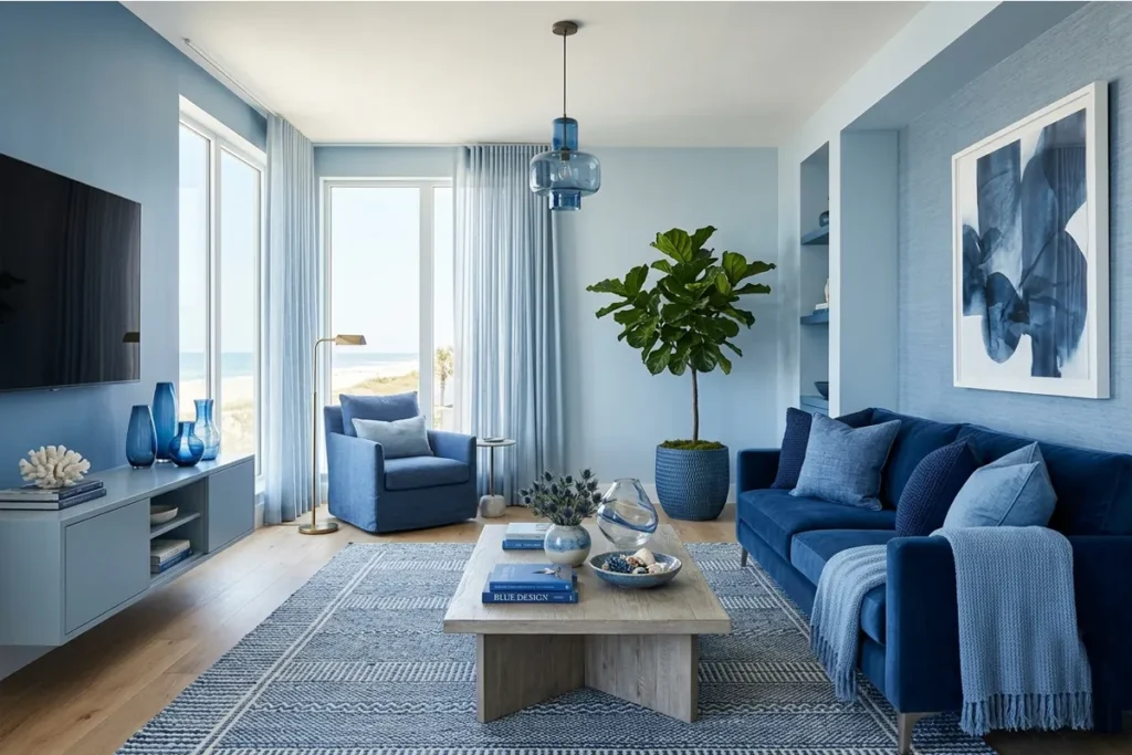 Blue monochromatic living room decor with calming coastal style.