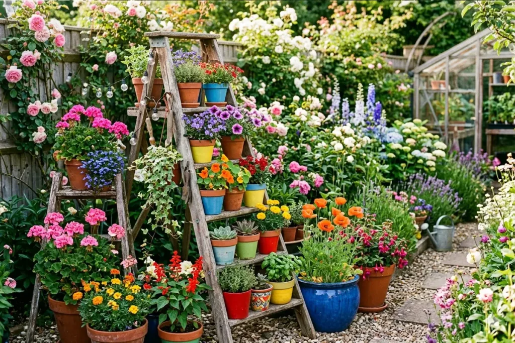 colorful garden pots and decorative plants