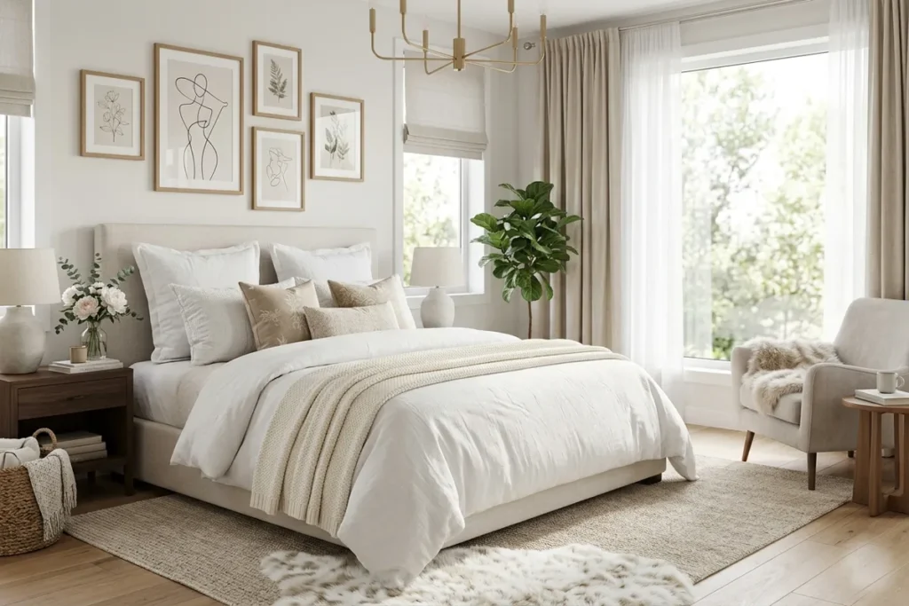 Modern cozy bedroom with luxury bedding and soft pillows