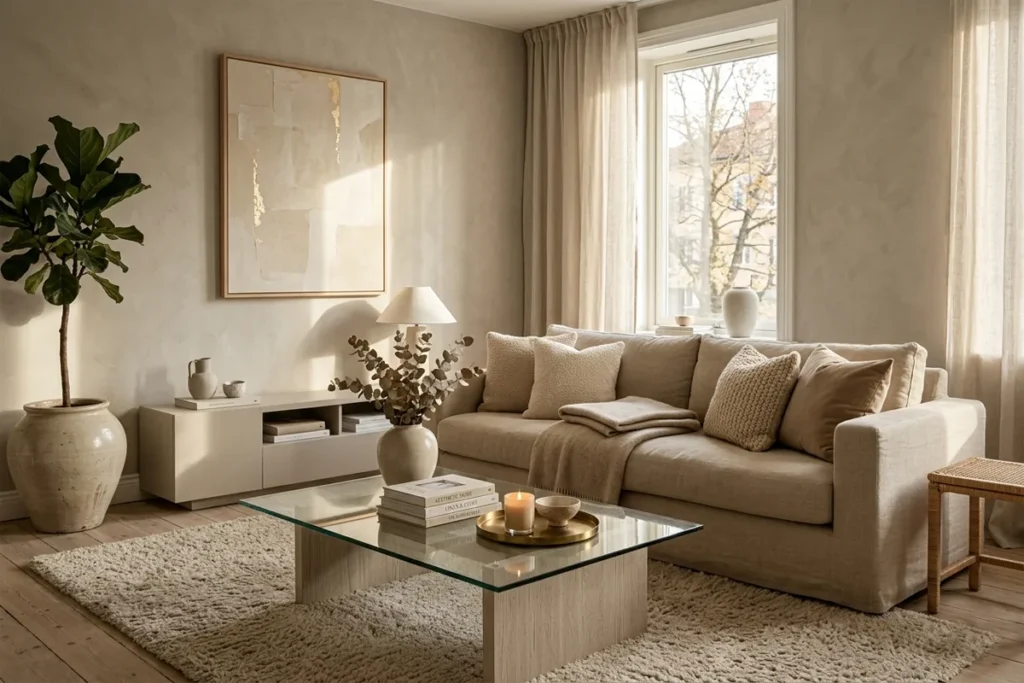 Beige monochromatic living room with modern sofa and warm decor ideas.