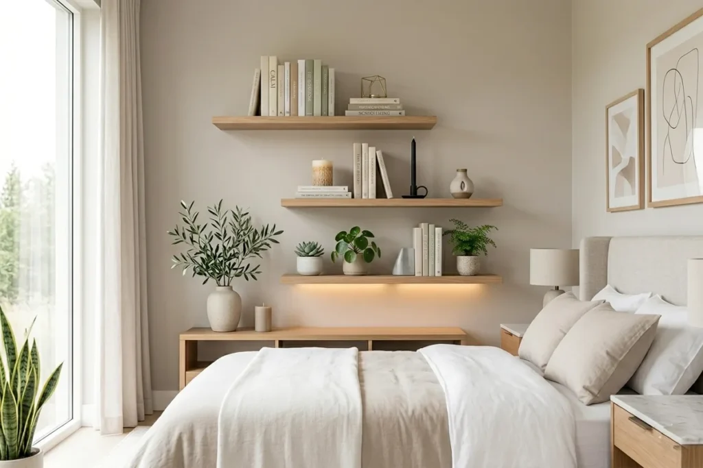 Floating shelf bedroom decor and storage idea