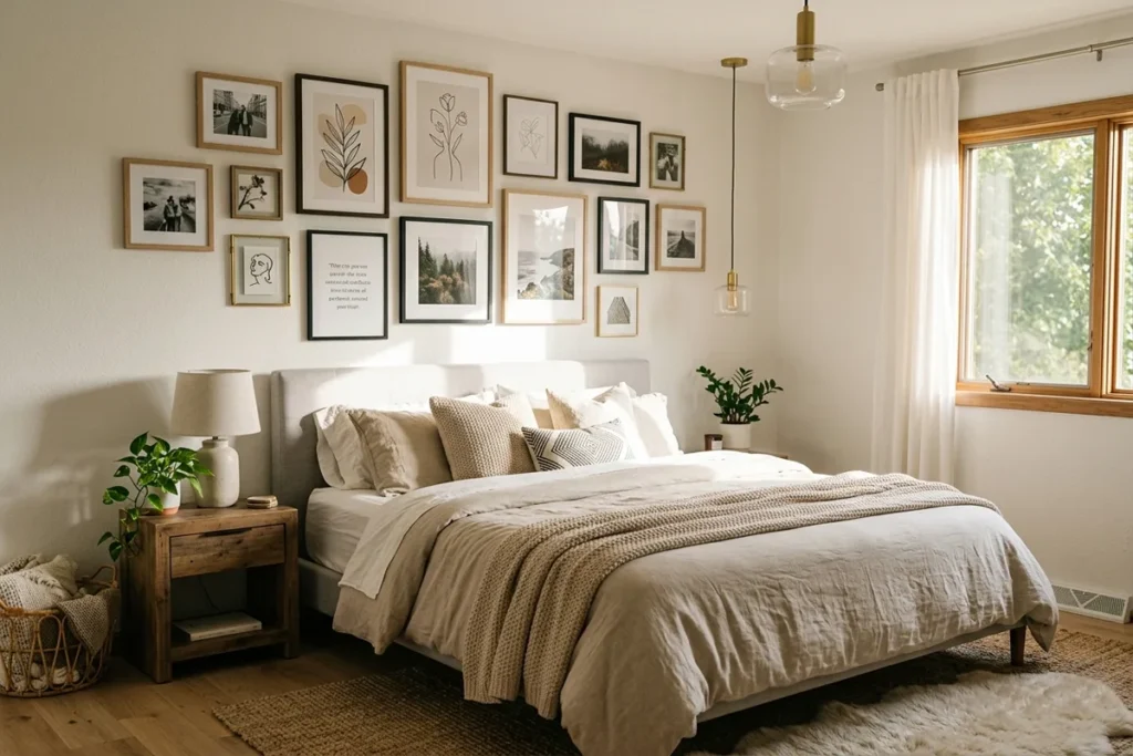 Bedroom gallery wall decor with aesthetic photo frames