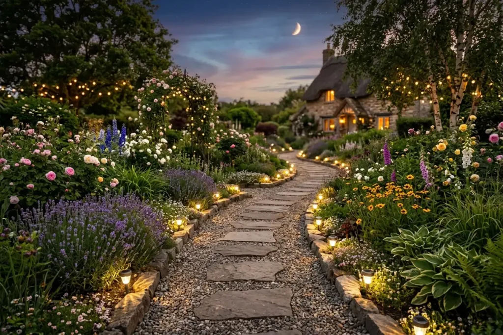 garden pathway with stones and solar lights