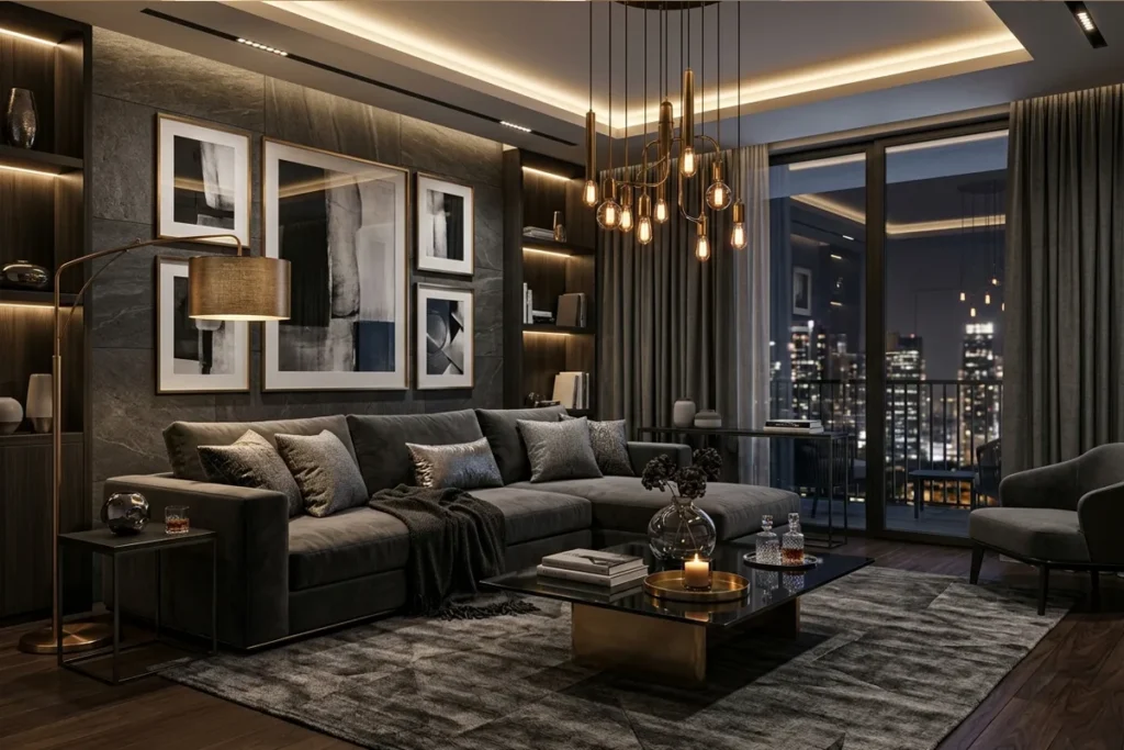 Luxury monochromatic living room with warm ambient lighting and modern decor.