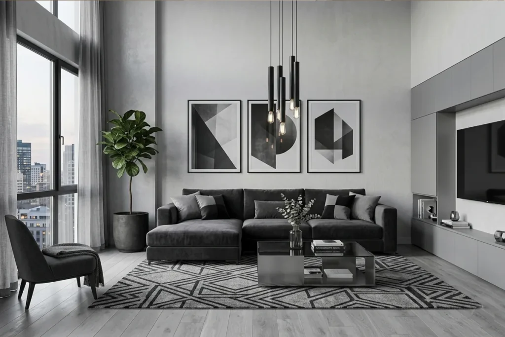 Grey monochromatic living room with modern furniture and geometric rug.