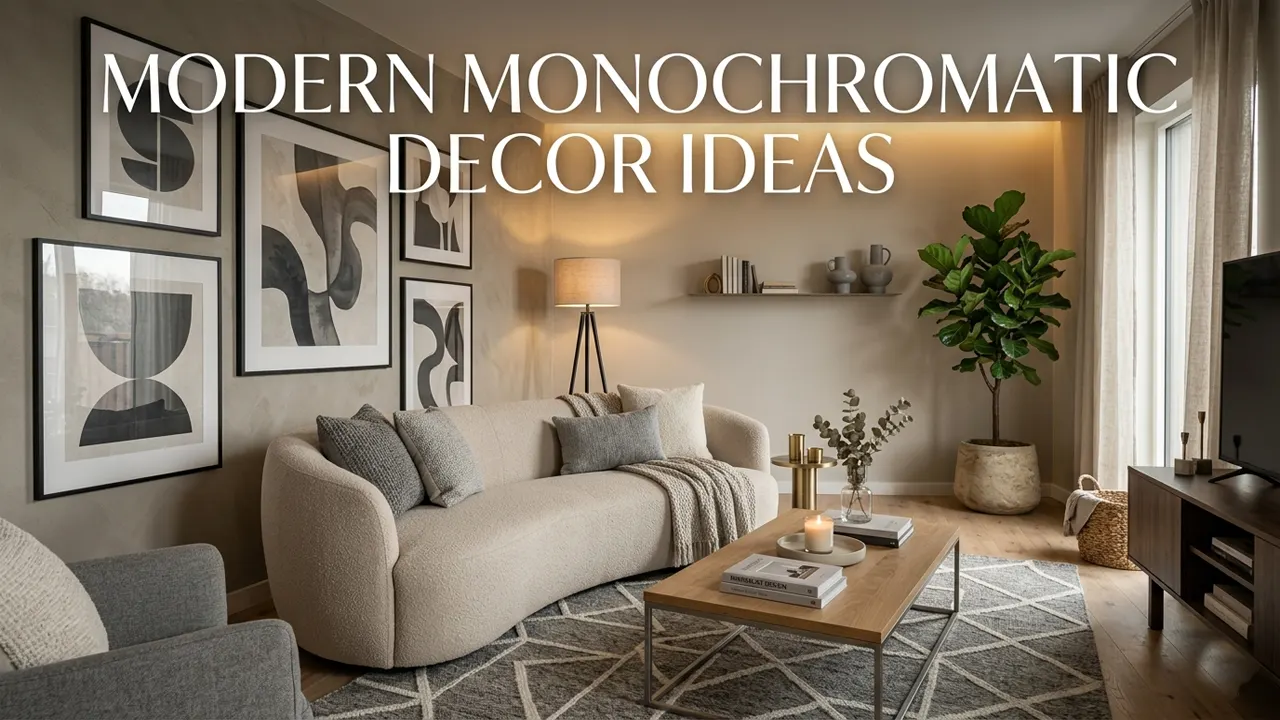 Luxury monochromatic living room ideas with beige and grey tones, modern sofa, warm lighting, textured decor, and elegant contemporary interior design.