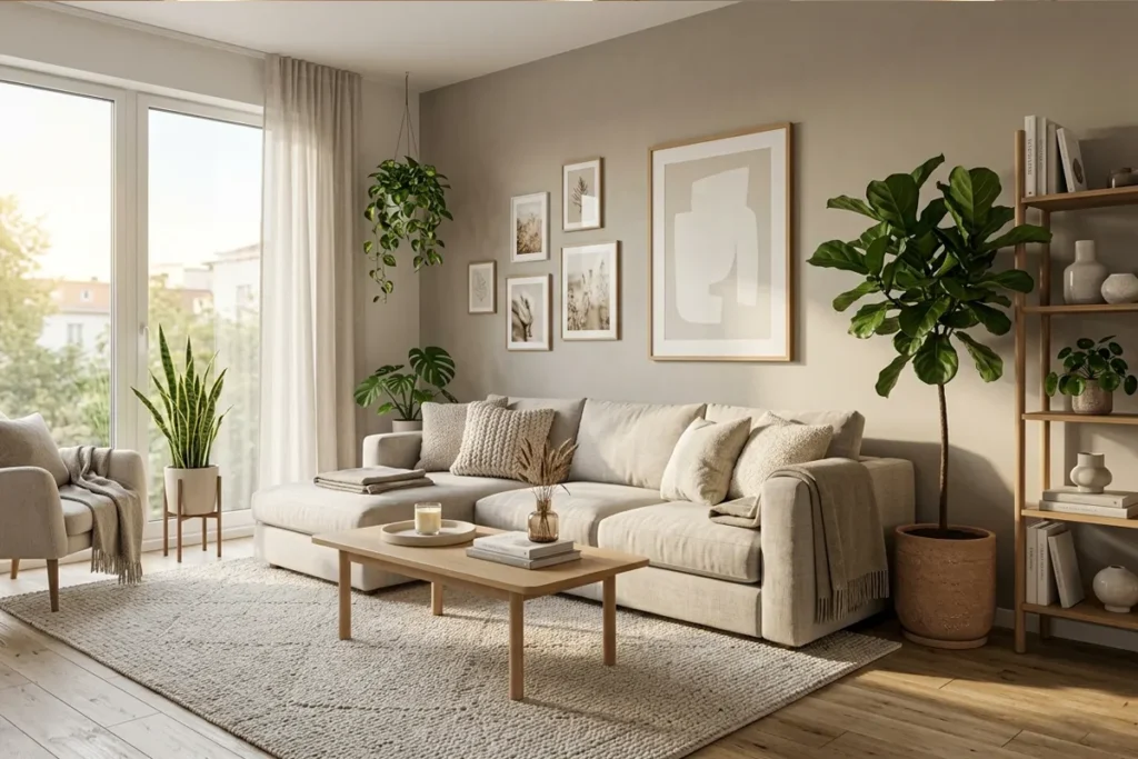 Monochromatic living room decorated with indoor plants and neutral tones.