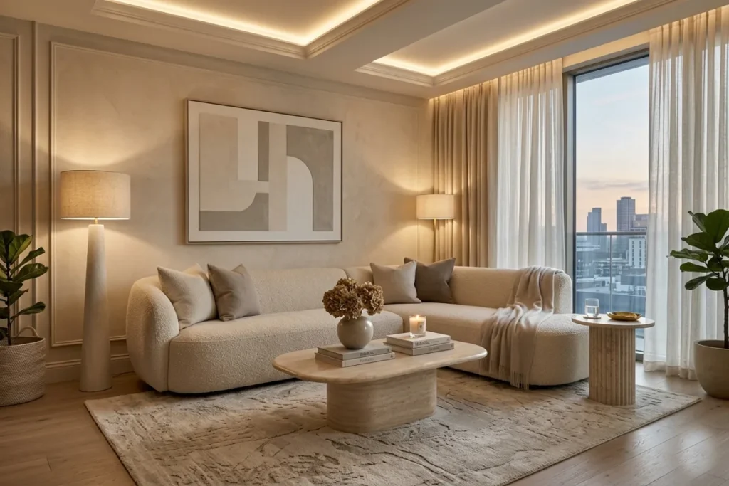 Modern monochromatic living room with curved sofa and neutral decor.