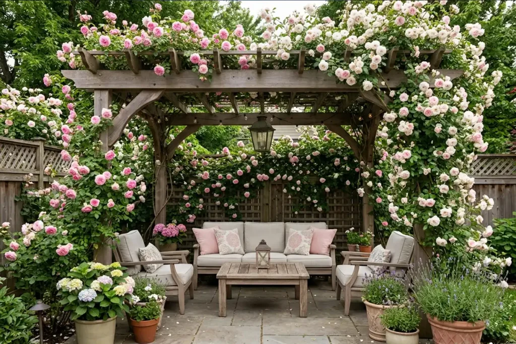 wooden pergola with flowers in garden