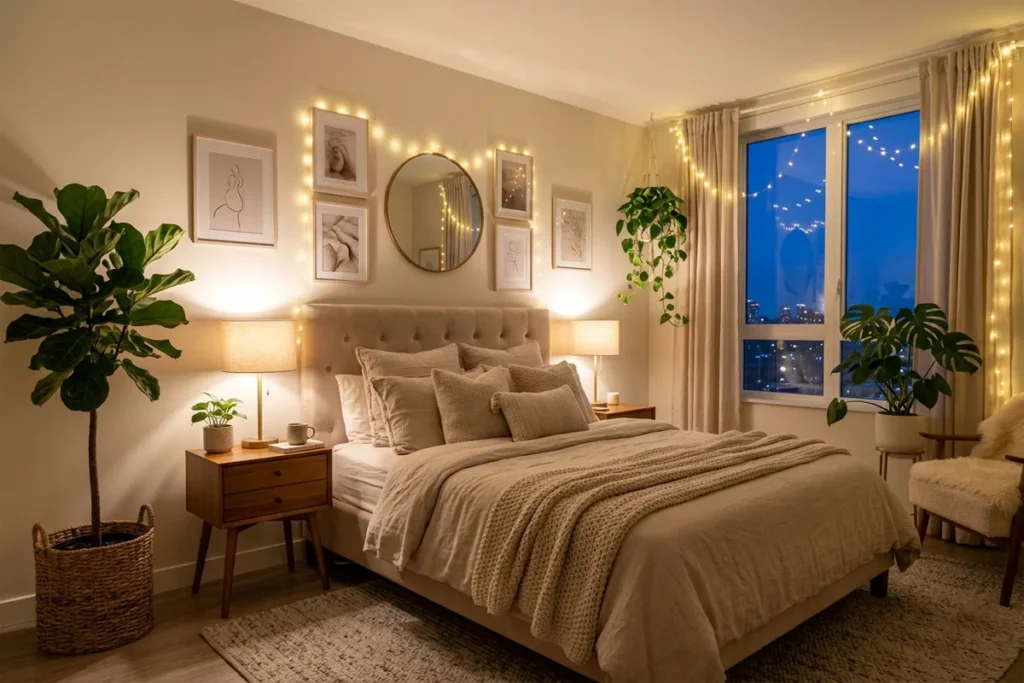 Warm lighting bedroom decor idea with fairy lights and cozy ambiance