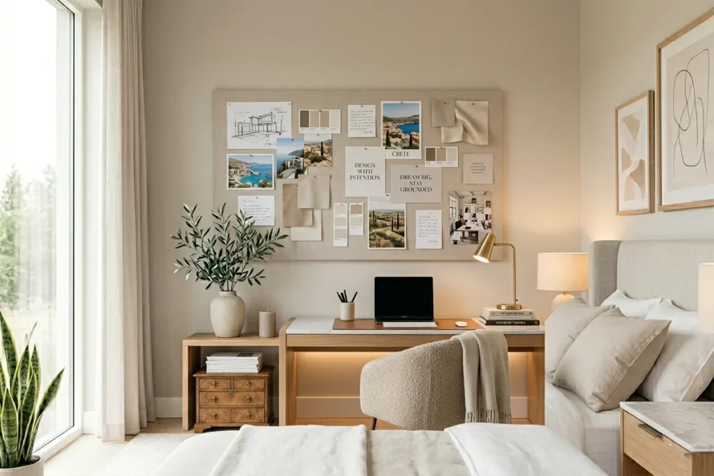 Vision board setup in modern bedroom decor inspiration