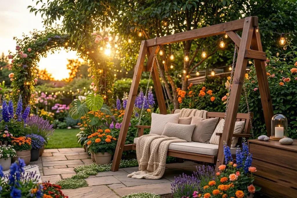 cozy garden seating area with wooden bench and cushions