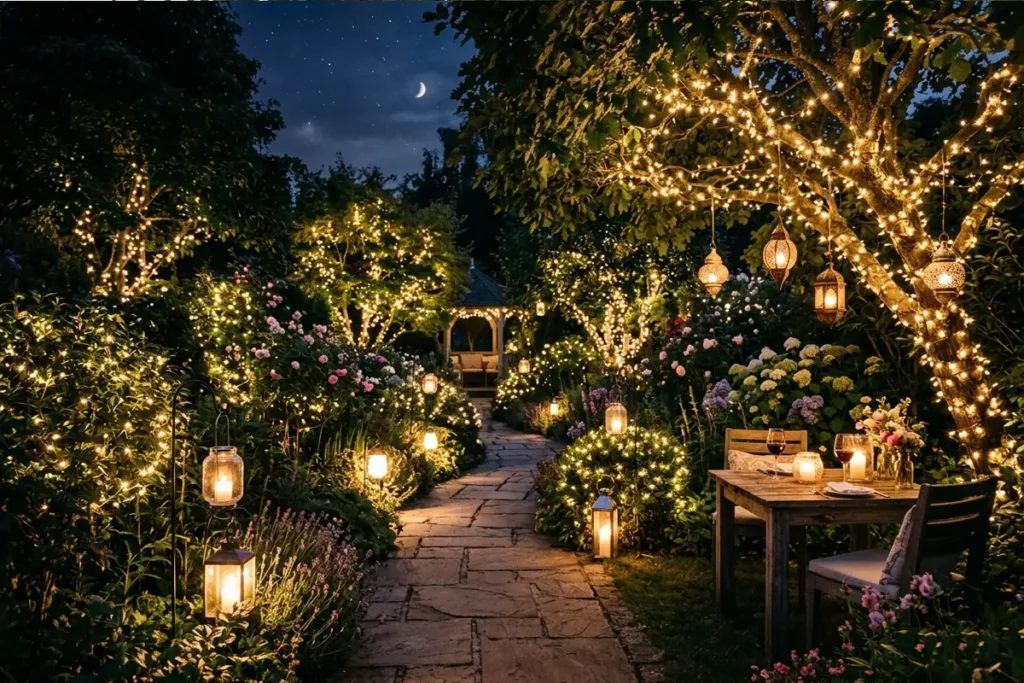 garden lighting with fairy lights and lanterns at night