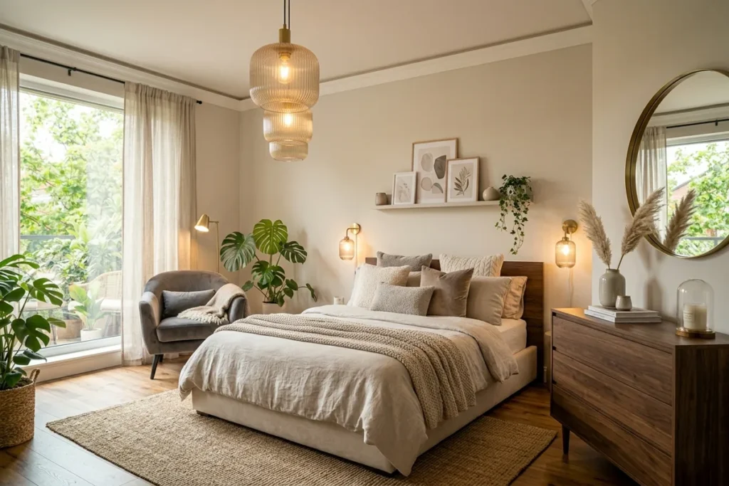 luxury bedroom interior design with chandelier and velvet bed