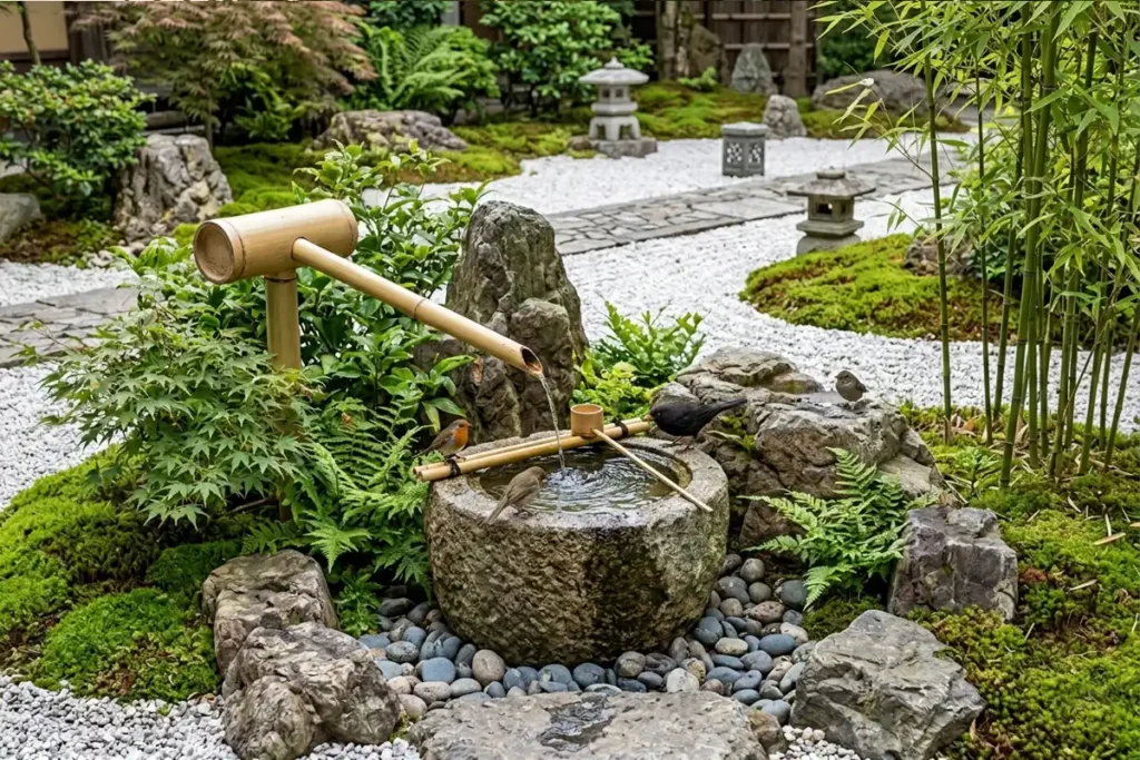 small garden fountain with natural stones and plants