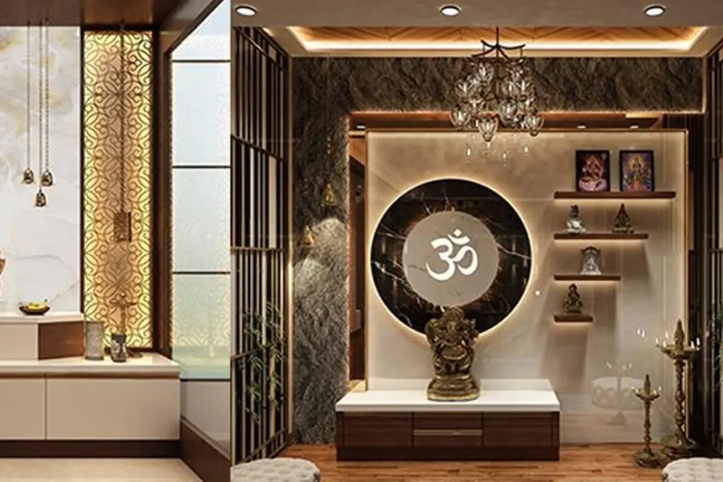 traditional pooja room with carved wooden temple and brass lamps