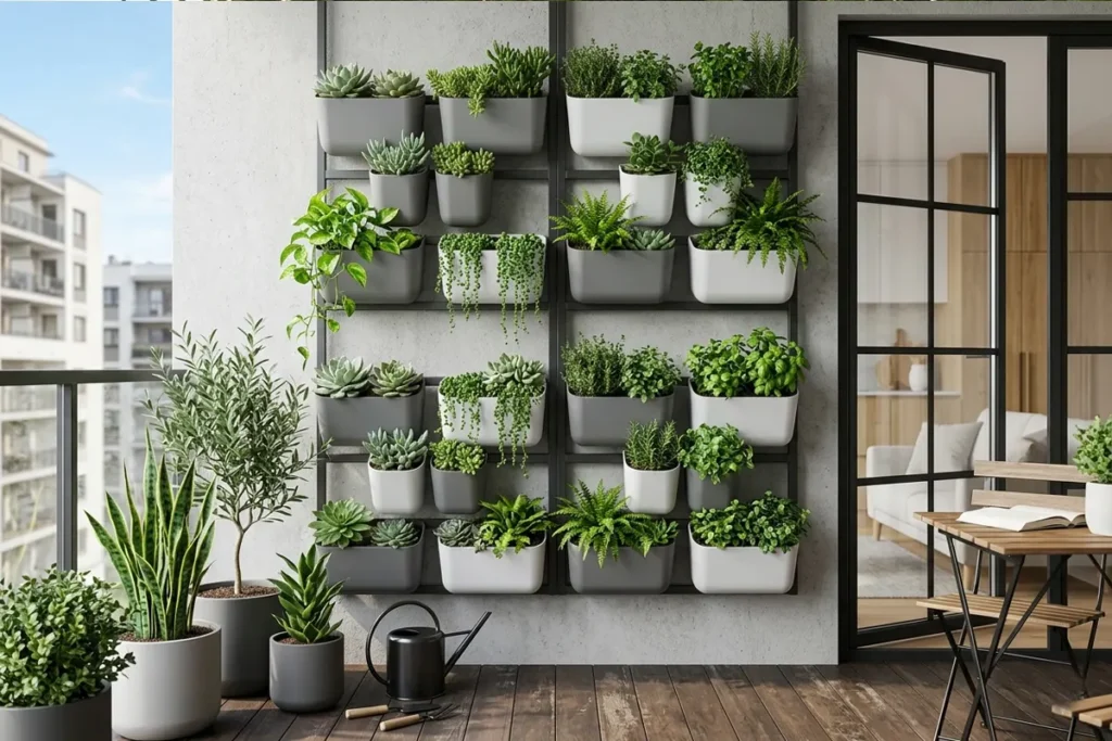 vertical garden wall with hanging plants