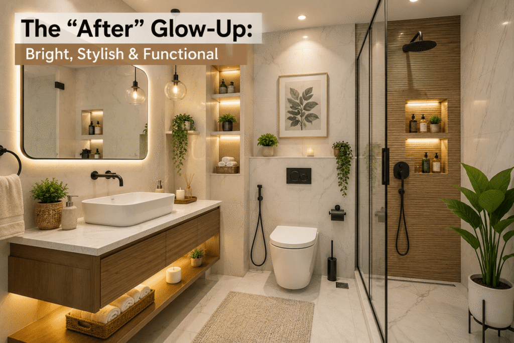 Modern Bathroom Makeover After Renovation Featuring Bright Lighting, Floating Vanity, and Stylish Bathroom Decor Ideas