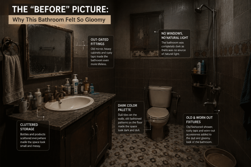 Before Bathroom Makeover Showing a Dark, Cluttered Space with Outdated Fixtures and Poor Lighting – Bathroom Decor Ideas