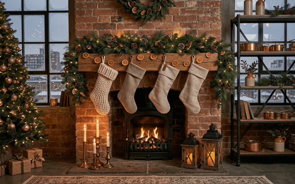 Industrial Fireplace Holiday Decor