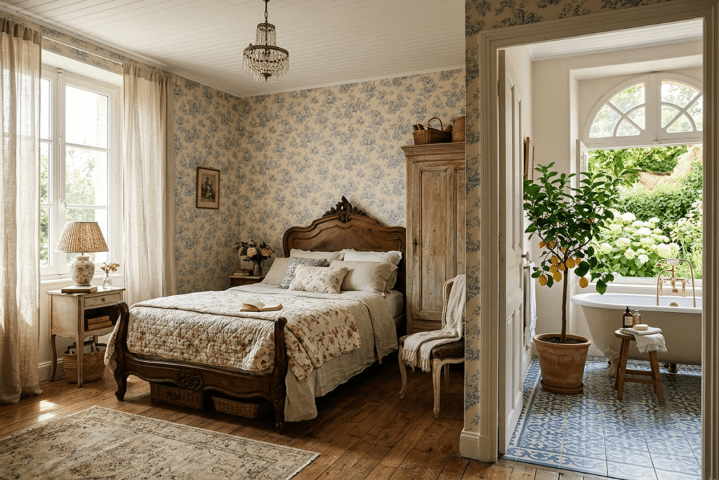 Vintage French bedroom and bathroom design