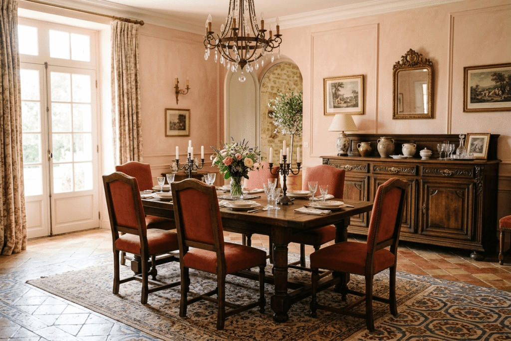 Vintage French dining room with antique furniture